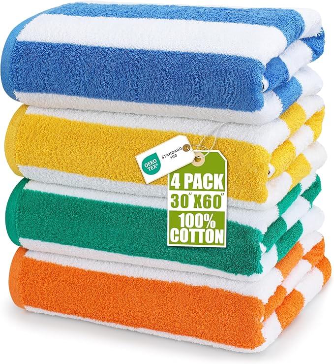 Colorful striped cotton beach towels for a family beach day packing checklist