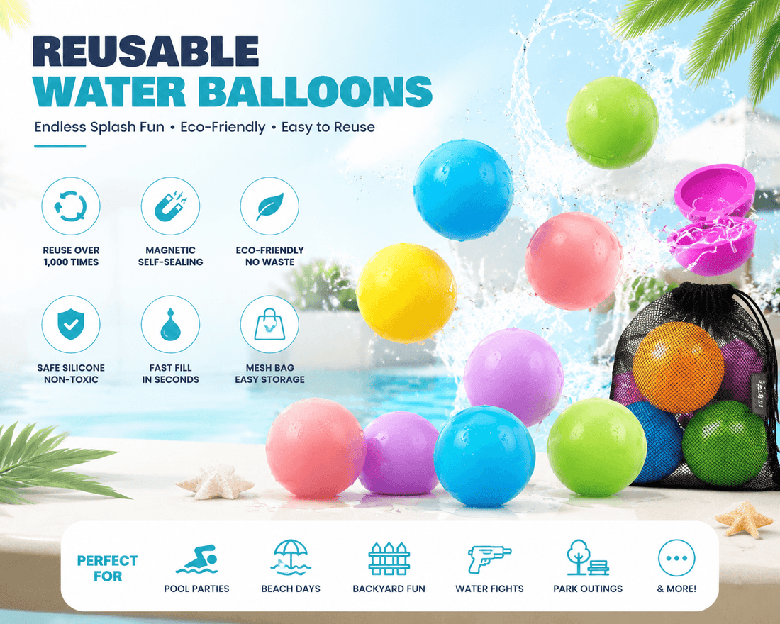 Colorful reusable water balloons for a backyard water party with kids and families