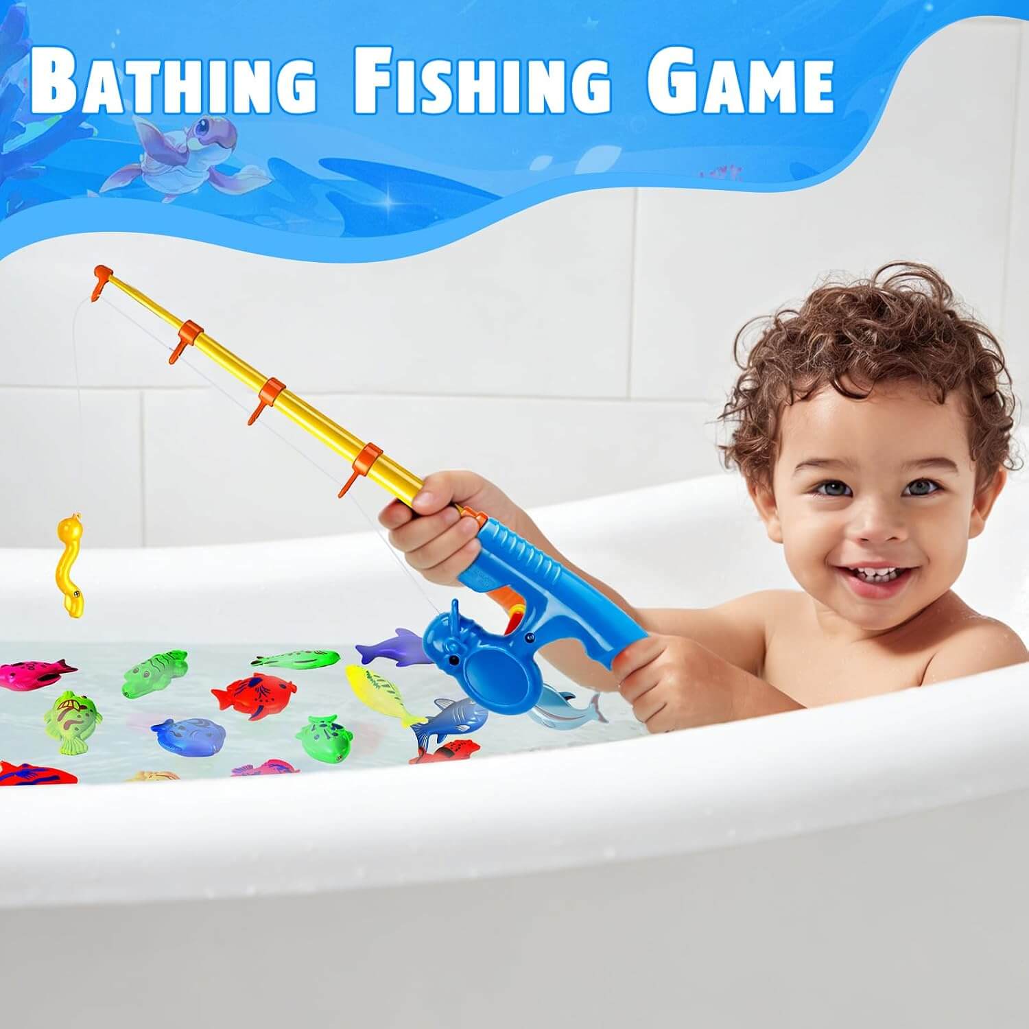 Kids bath fishing game with toy fishing pole and colorful floating sea animals for bathtub fun