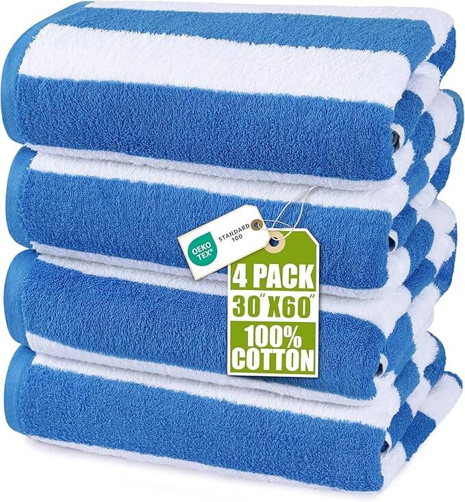 Blue striped beach towels with 100% cotton material, perfect for swimming, travel, and summer relaxation