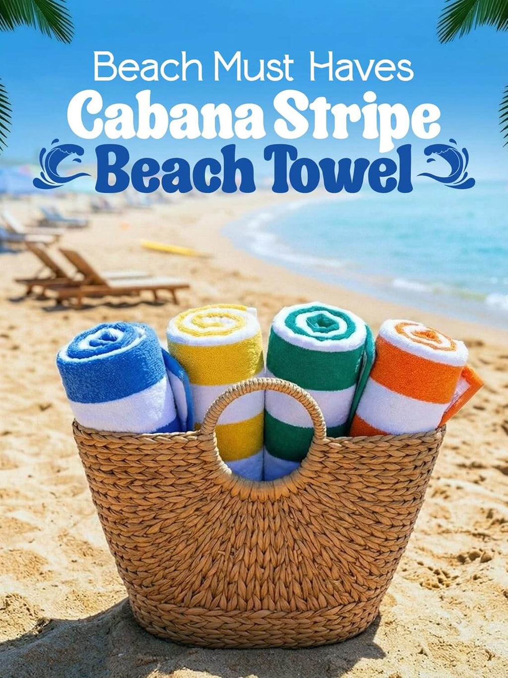 Colorful beach towels ready for pool days and beach vacations with soft cotton fabric and striped designs