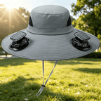 solar fan hat showing airflow cooling system for hot summer outdoor conditions