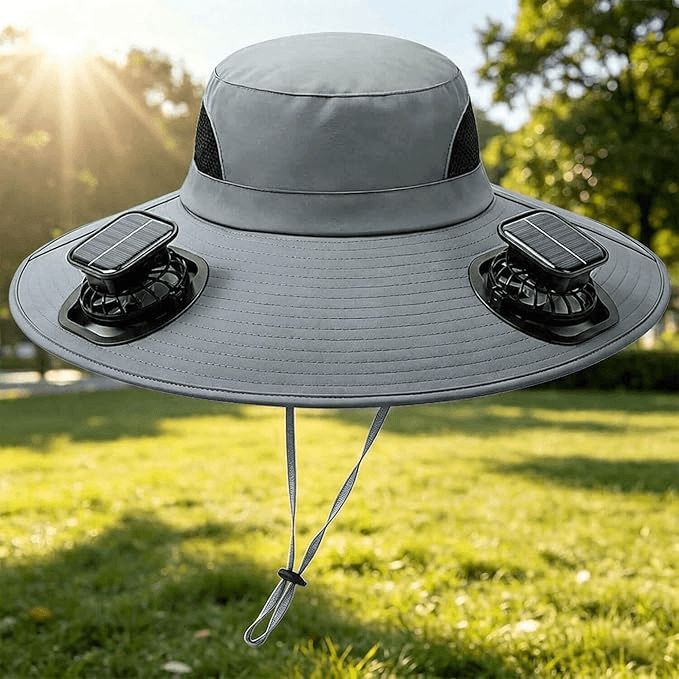 solar fan hat showing airflow cooling system for hot summer outdoor conditions