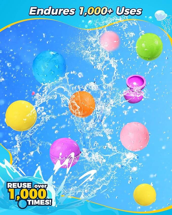 Durable reusable water balloons designed for 1000+ uses with colorful refillable silicone splash balls