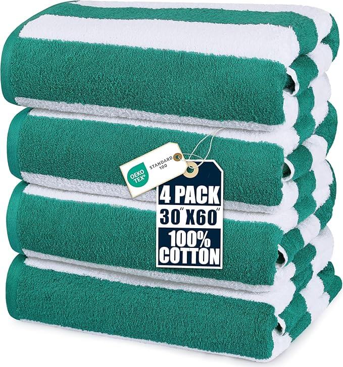 Green striped cotton towels with soft absorbent fabric for pool days, vacations, and outdoor activities