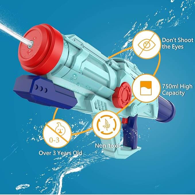 High power water blaster features with easy refill tank and comfortable grip for kids water fights