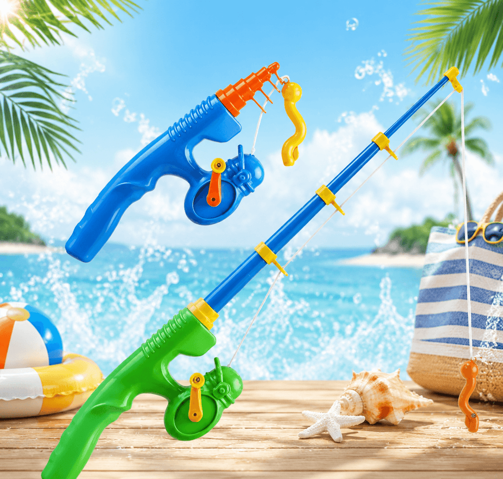 Kids fishing toy set with colorful fishing poles for outdoor beach and pool water play activities
