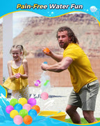 Kids and adults enjoying reusable water balloons during outdoor summer water fights and pool activities
