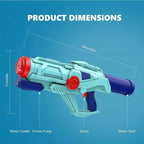 Large water gun dimensions showing high capacity water blaster size for long range summer outdoor play