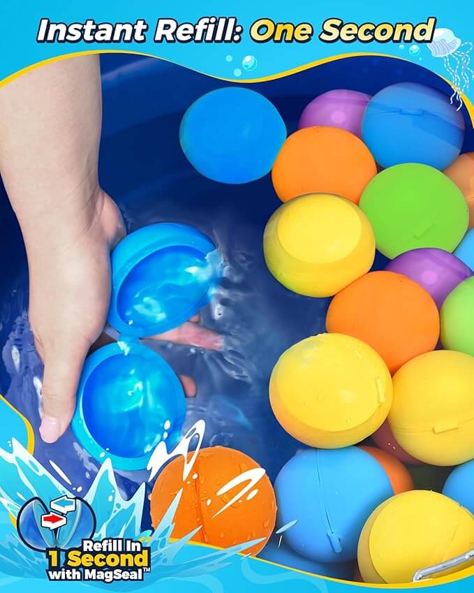 Magnetic reusable water balloons with instant refill design for quick summer water battles