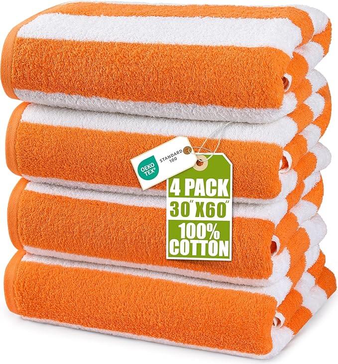 Orange striped cotton towel set with 4 pieces featuring soft fabric and large size for beach and pool use