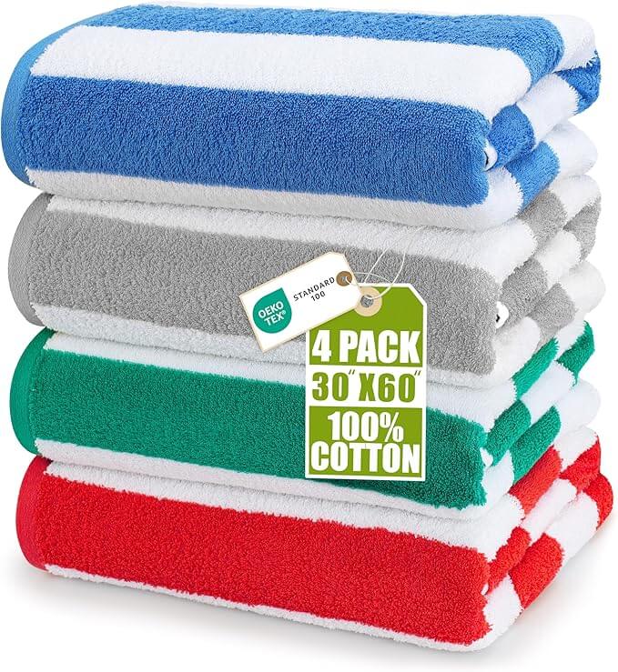 Colorful striped towel set with multiple shades for family beach trips, pool parties, and summer adventures