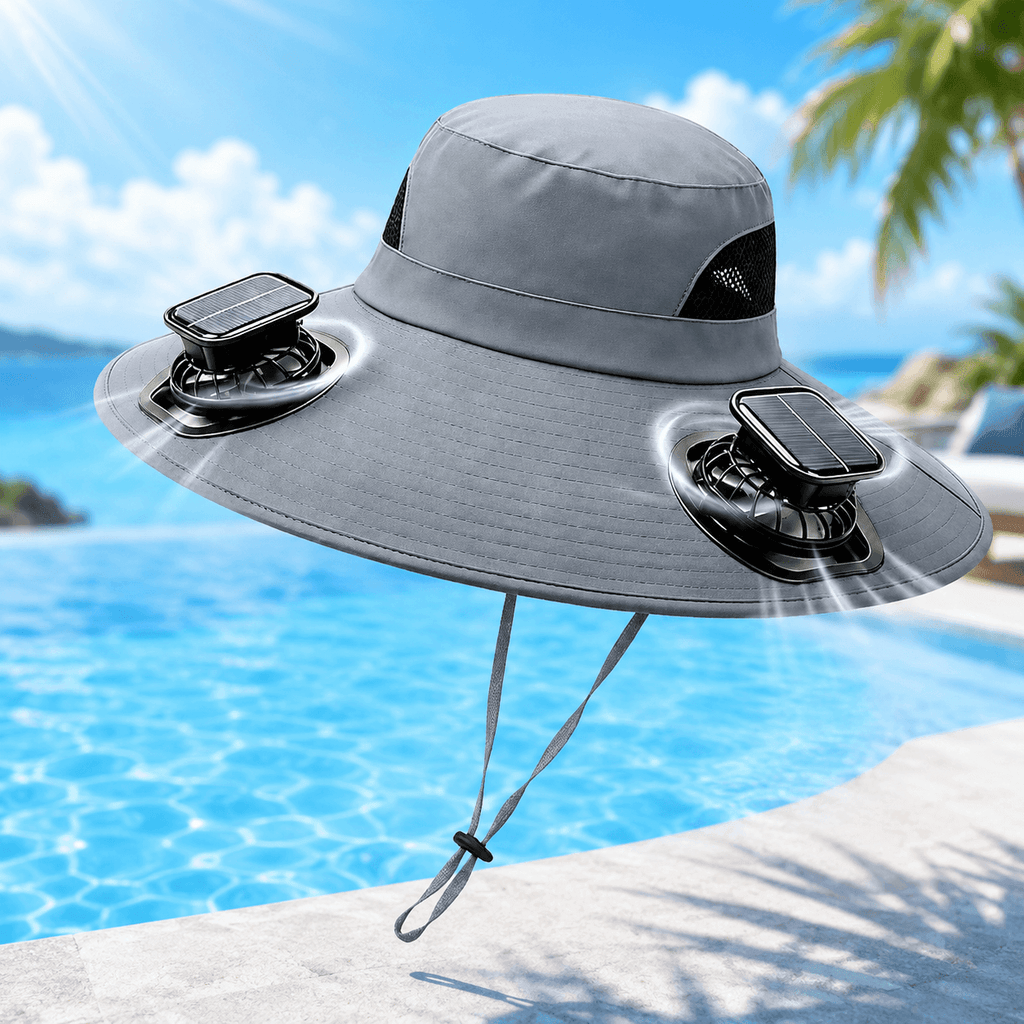 Solar fan sun hat featuring dual cooling fans and lightweight design for hot summer outdoor adventures