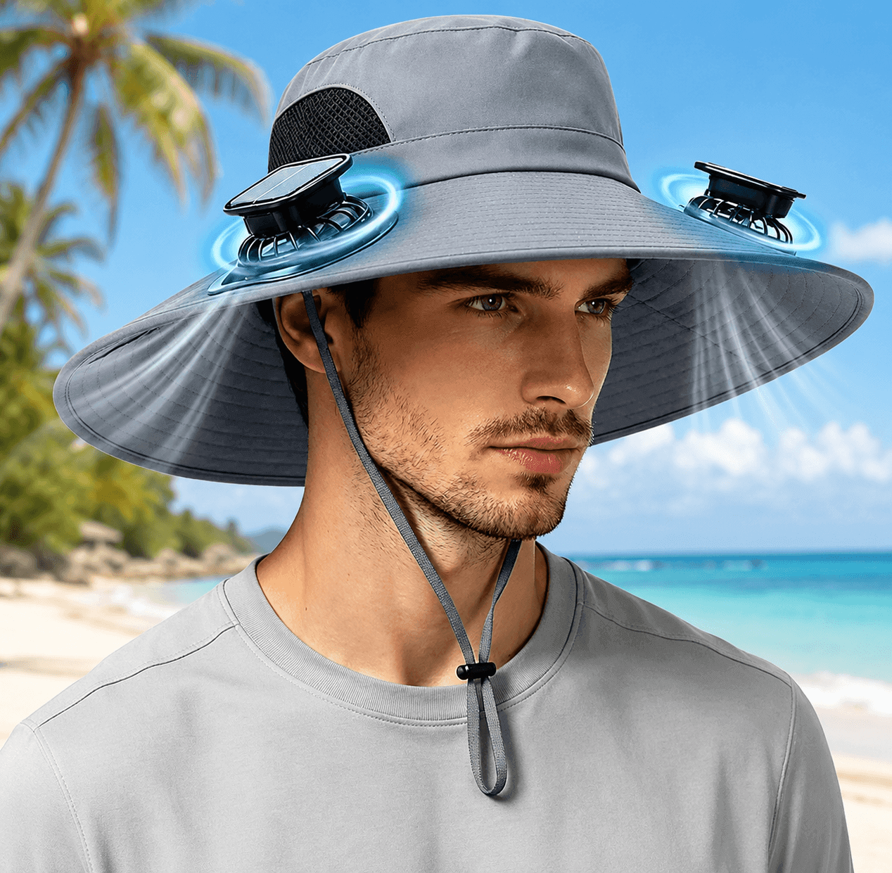 Solar powered fan hat for men and women with wide brim design for outdoor sun protection and cooling comfort