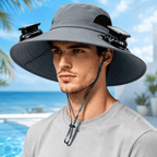 Wide brim sun hat with solar powered fans providing cool airflow for hiking, fishing, and outdoor activities